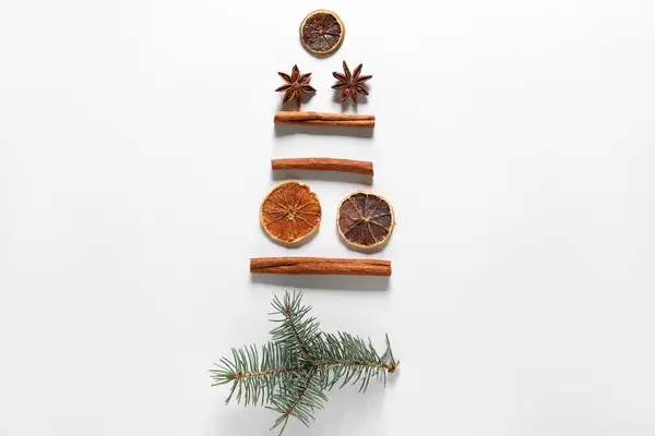 Christmas Tree Made Spices Fir Branch Dried Orange Slices White — Stock Photo, Image
