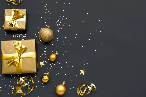 Beautiful Christmas Gifts Balls Confetti Dark Background — Stock Photo, Image