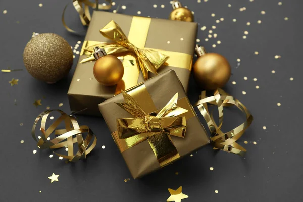Beautiful Christmas Gifts Balls Confetti Dark Background — Stock Photo, Image
