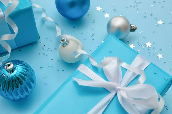 Christmas Balls Gifts Color Background Closeup — Stock Photo, Image