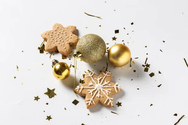 Composition Christmas Balls Cookies Confetti White Background — Stock Photo, Image