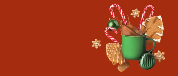 Noel Topları Kırmızı Arka Planda Tatlı Ile Lezzetli Sıcak Çikolata — Stok fotoğraf