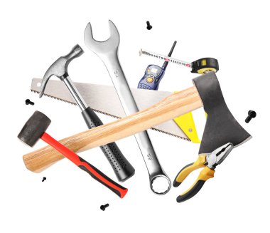 Beyaz üzerine izole edilmiş farklı yapı araçları kümesi