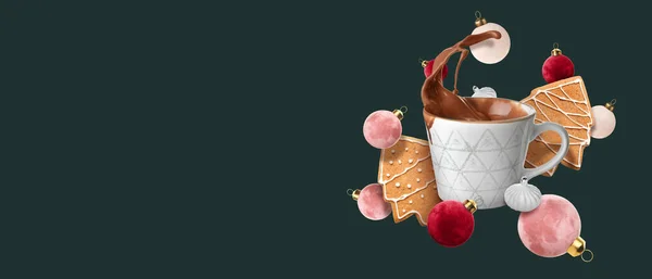 Fliegende Tasse Leckere Heiße Schokolade Mit Weihnachtsdekoration Und Lebkuchen Auf — Stockfoto