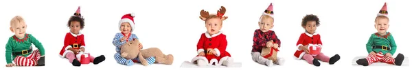 Kolaż Cute Niemowląt Kostiumach Świątecznych Prezentami Białym Tle — Zdjęcie stockowe