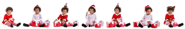 クリスマスの衣装を着たアフリカ系アメリカ人の赤ん坊の女の子のコラージュと白い背景の贈り物 — ストック写真