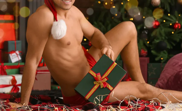 Sexy Young Man Christmas Gift Home — Stock Photo, Image