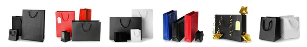 Κολάζ Από Διαφορετικές Τσάντες Shopping Χαρτί Λευκό Φόντο Concept Black — Φωτογραφία Αρχείου