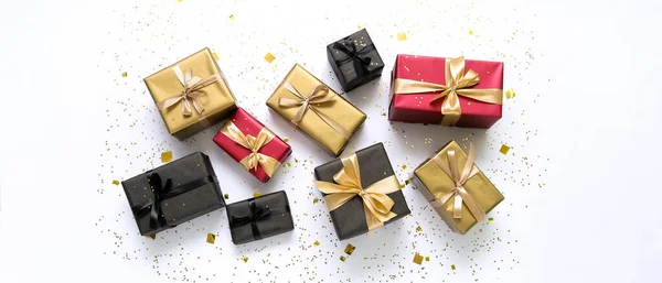 Many Gift Boxes White Background Top View — Stock Photo, Image