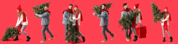 Conjunto Personas Con Árboles Navidad Sobre Fondo Rojo —  Fotos de Stock