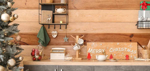 Interior Moderno Cozinha Decorada Para Celebração Natal — Fotografia de Stock