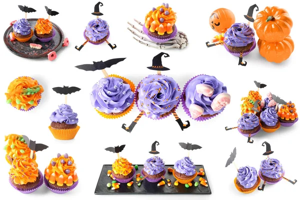 Set Van Vele Smakelijke Halloween Cupcakes Geïsoleerd Wit — Stockfoto