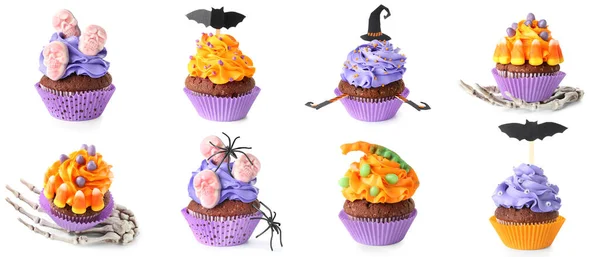Set Van Vele Smakelijke Halloween Cupcakes Geïsoleerd Wit — Stockfoto