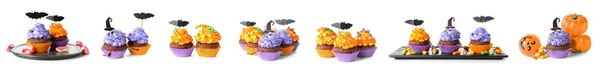 Conjunto Saborosos Cupcakes Halloween Isolados Branco — Fotografia de Stock