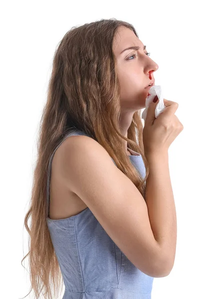 Mladá Žena Krvácení Nosu Tkáně Bílém Pozadí — Stock fotografie