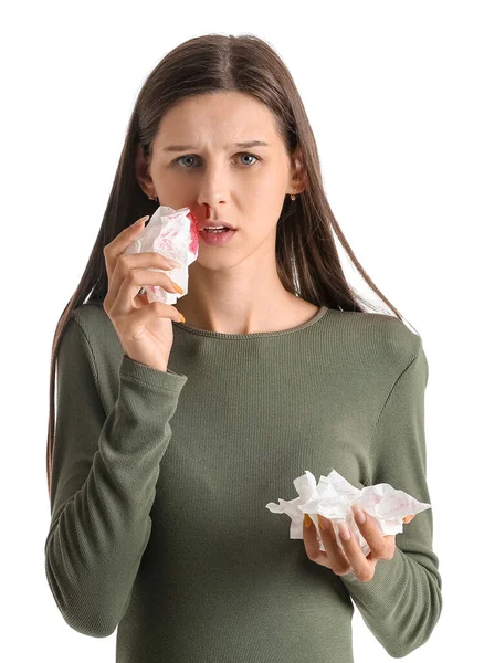Giovane Donna Incinta Con Sangue Dal Naso Tessuti Sfondo Bianco — Foto Stock