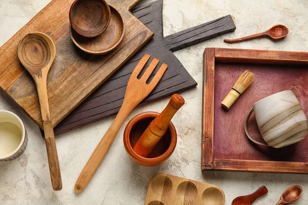Wooden Cooking Utensils Grunge Background — Stock Photo, Image