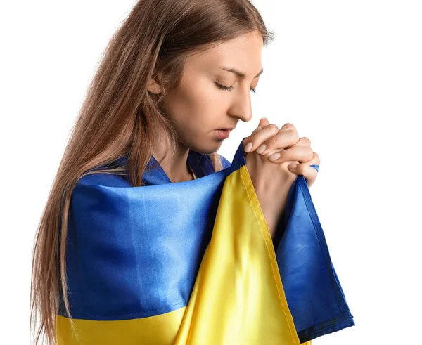 Jonge Vrouw Met Oekraïense Vlag Bidden Witte Achtergrond Close — Stockfoto