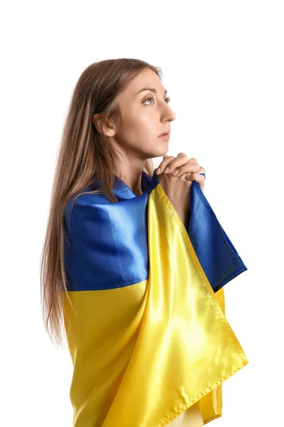Jeune Femme Avec Drapeau Ukrainien Priant Sur Fond Blanc — Photo