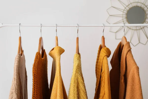 Rack Female Warm Sweaters Light Wall Closeup — Stock Photo, Image