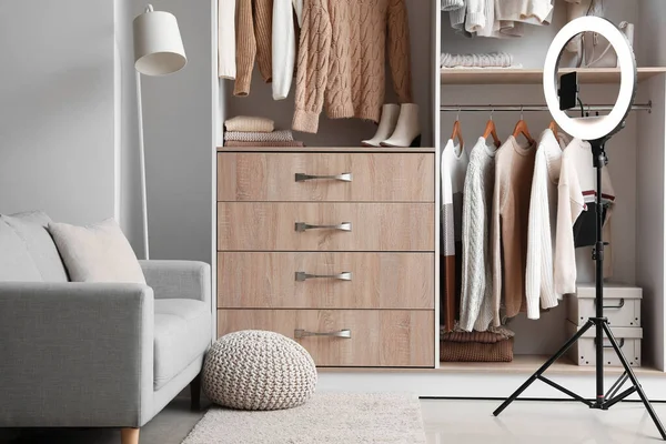 Sofa Ring Lamp Sweaters Hanging Wardrobe — Stock Photo, Image