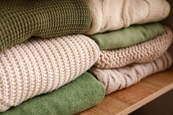 Folded Sweaters Shelf Wardrobe Closeup — Stock Photo, Image