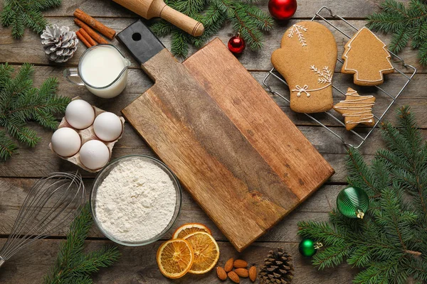 Cutting Board Fir Branches Ingredients Preparing Christmas Cookies Wooden Background — Stock Photo, Image