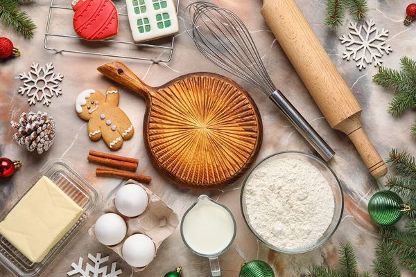 Composition Wooden Board Ingredients Utensils Preparing Christmas Cookies Grunge Background — Stock Photo, Image