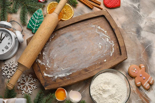 Composition Wooden Board Rolling Pin Ingredients Preparing Christmas Cookies Grunge — Stock Photo, Image