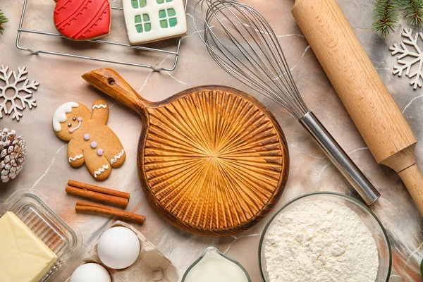 Composition Wooden Board Ingredients Utensils Preparing Christmas Cookies Grunge Background — Stock Photo, Image