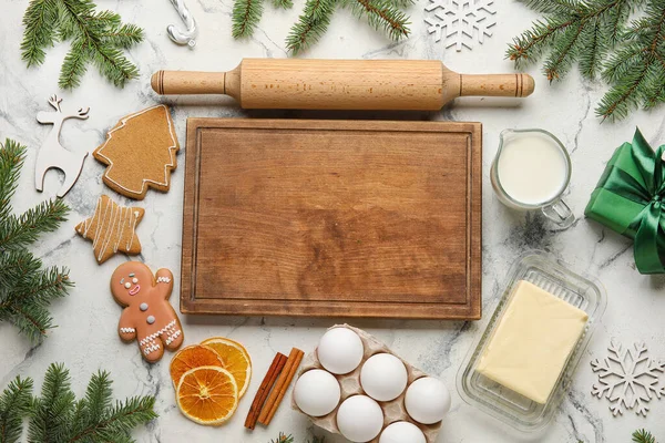Composition Wooden Board Rolling Pin Ingredients Preparing Christmas Cookies Light — Stock Photo, Image