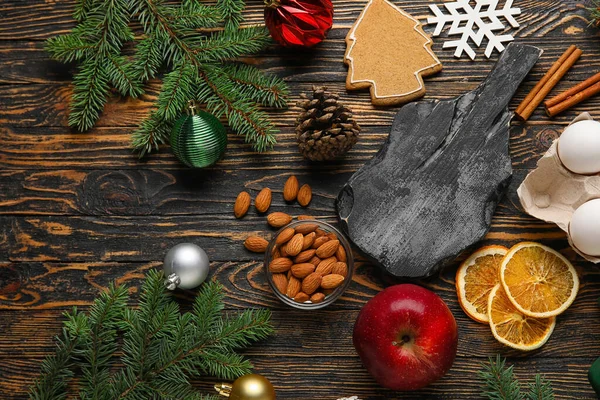 Cutting Board Ingredients Preparing Christmas Cookies Wooden Background — Stock Photo, Image