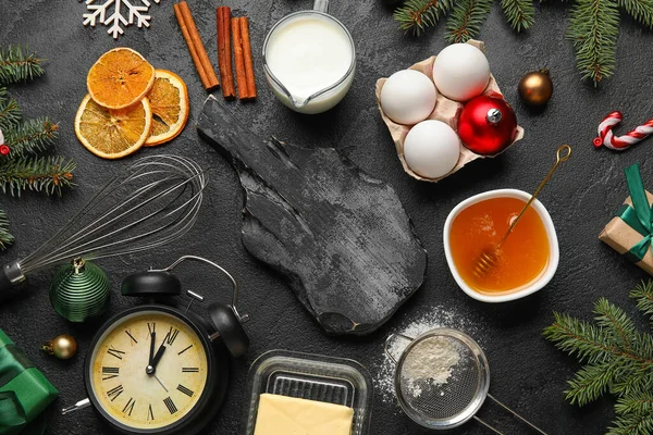 Composition Cutting Board Ingredients Preparing Christmas Cookies Dark Background — Stock Photo, Image
