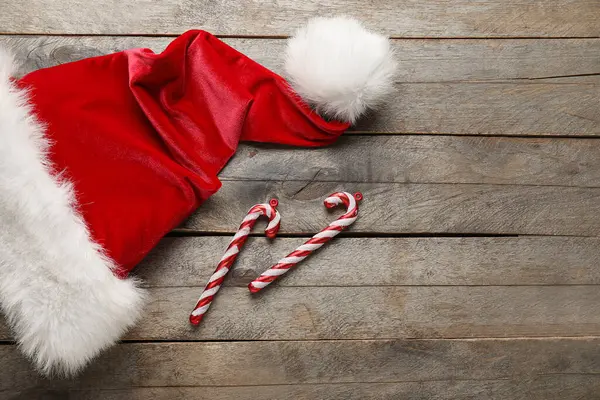 Santa Hat Christmas Decorations Wooden Background — Stock Photo, Image