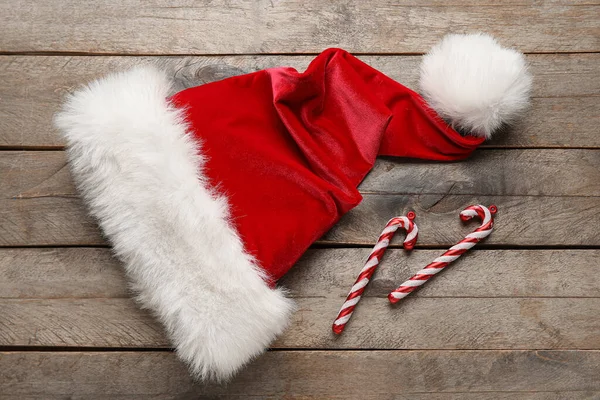 Santa Hat Christmas Decorations Wooden Background — Stock Photo, Image
