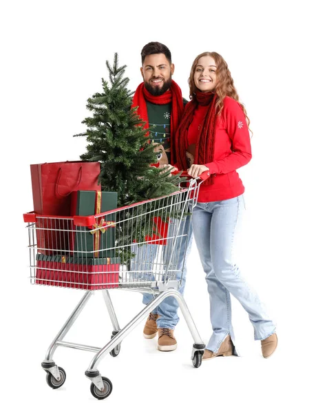 Joyeux Jeune Couple Avec Arbre Noël Cadeaux Dans Panier Sur — Photo