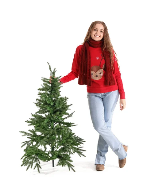 Jonge Vrouw Met Kerstboom Witte Achtergrond — Stockfoto