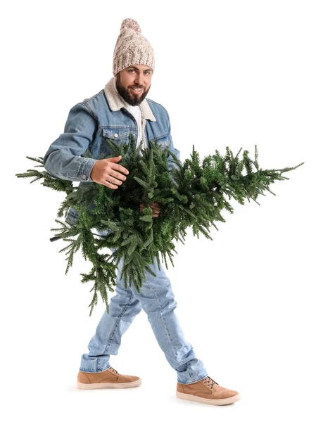 Schöner Mann Mit Weihnachtsbaum Auf Weißem Hintergrund — Stockfoto