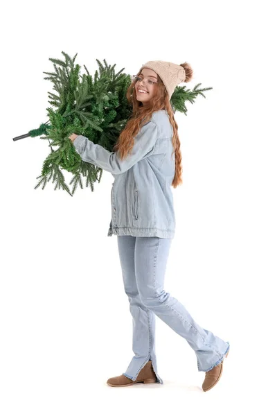 Young Woman Christmas Tree White Background — Stock Photo, Image