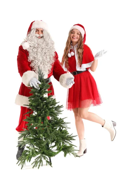 Casal Jovem Trajes Papai Noel Com Árvore Natal Fundo Branco — Fotografia de Stock