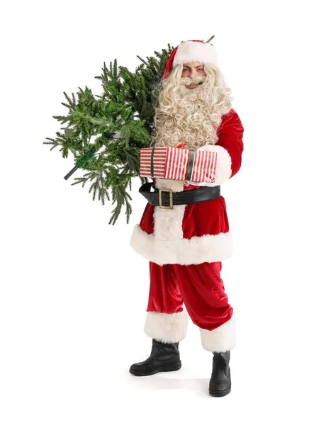 Święty Mikołaj Choinką Prezentem Białym Tle — Zdjęcie stockowe