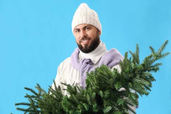 Όμορφος Άντρας Χριστουγεννιάτικο Δέντρο Μπλε Φόντο — Φωτογραφία Αρχείου