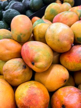 Tatlı olgun mangolar arka planda, yakın planda.