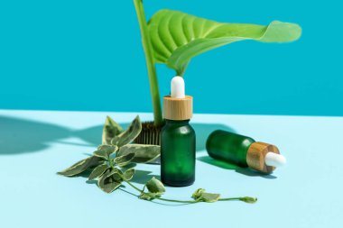 Mavi zemin üzerinde güzel ikebana olan kozmetik şişeleri.