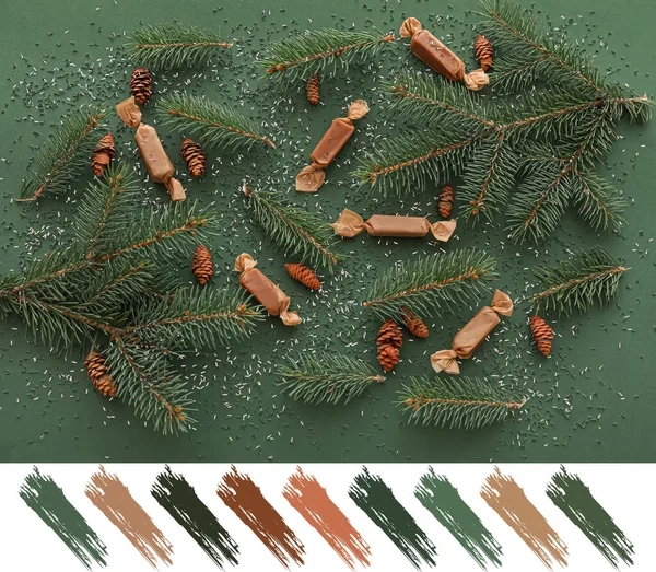 Összetétel Fenyőágakkal Tobozokkal Cukorkákkal Zöld Alapon Különböző Színminták — Stock Fotó