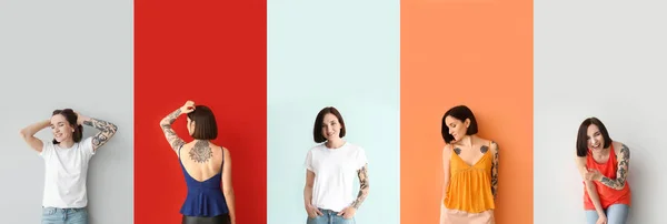 Collage Van Mooie Getatoeëerde Vrouw Kleur Achtergrond — Stockfoto