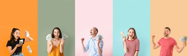 Коллаж Счастливых Людей Деньгами Цветном Фоне — стоковое фото