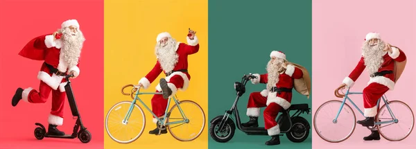Zestaw Santa Claus Różnych Środków Transportu Kolorowe Tło — Zdjęcie stockowe