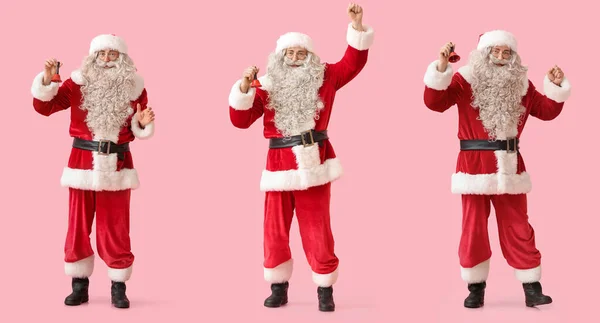 Set Von Glücklichen Weihnachtsmännern Mit Weihnachtsglocke Auf Rosa Hintergrund — Stockfoto