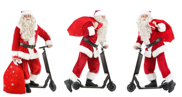 Set Santa Claus Con Bolsa Scooter Sobre Fondo Blanco — Foto de Stock